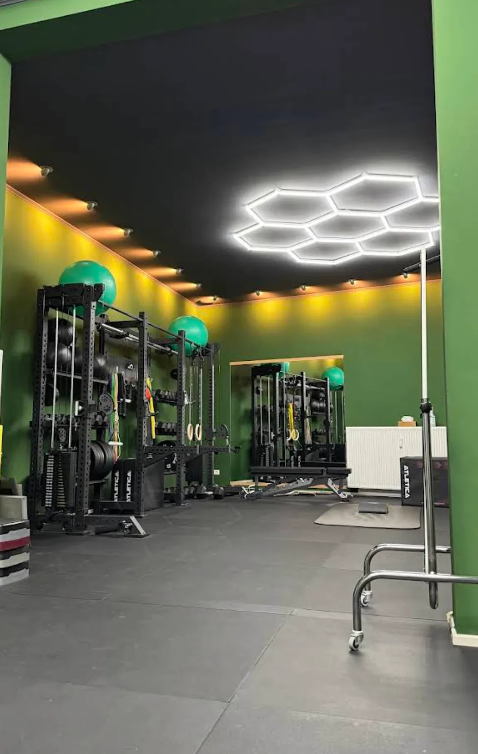 Trainingsraum von Backroom Physio in Berlin-Mitte - Kraftgeräte unter Hexagon-Licht